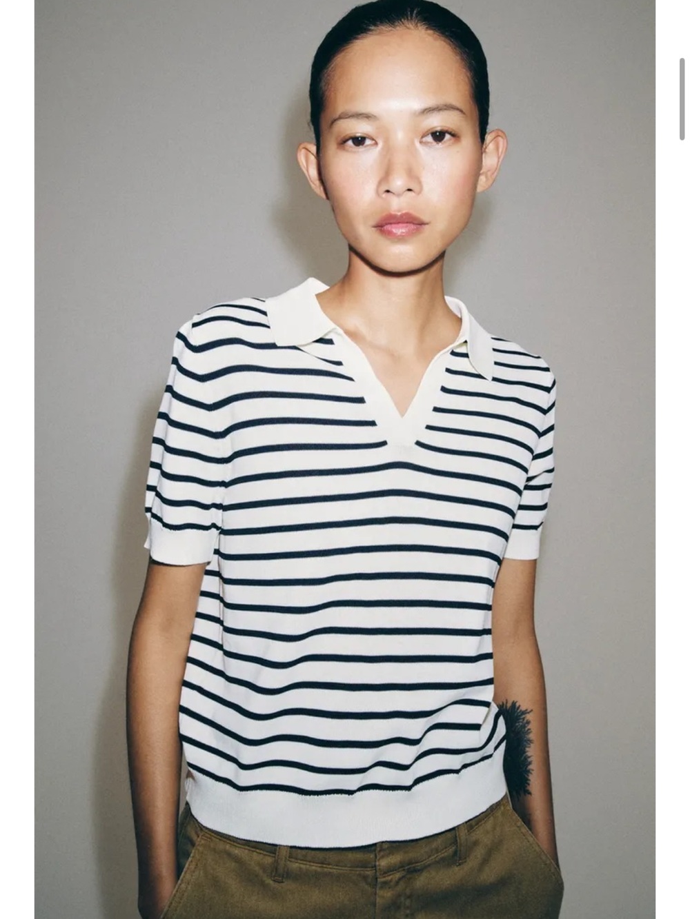 Zara Navy and White Striped Short-Sleeve Polo Top